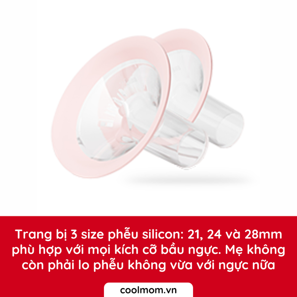 Trang bị 3 size phễu silicon_ 21, 24 và 28mm phù hợp với mọi kích cỡ bầu ngực. Mẹ không còn phải lo phễu không vừa với ngực nữa