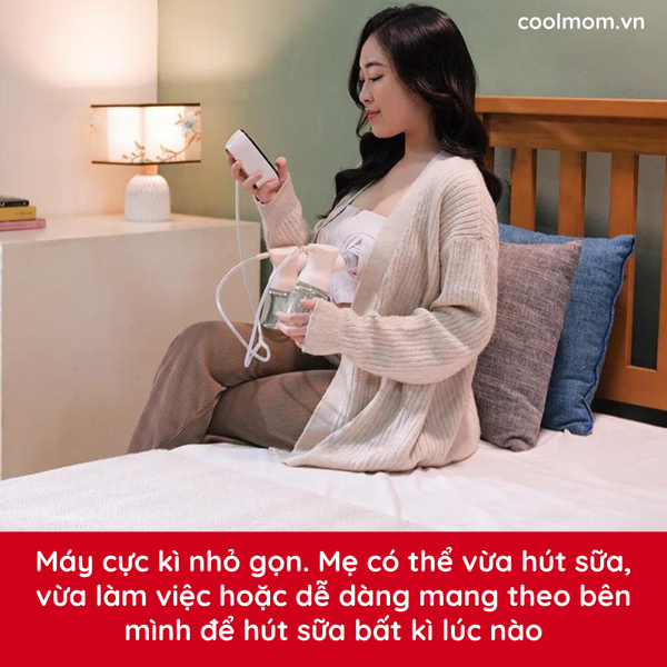 Máy cực kì nhỏ gọn. Mẹ có thể vừa hút sữa, vừa làm việc hoặc dễ dàng mang theo bên mình để hút sữa bất kì lúc nào