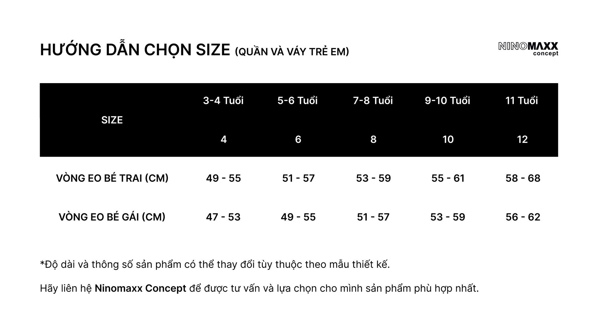 Hướng dẫn chọn size Quần và Váy dành cho Trẻ em - Ninomaxx Concept