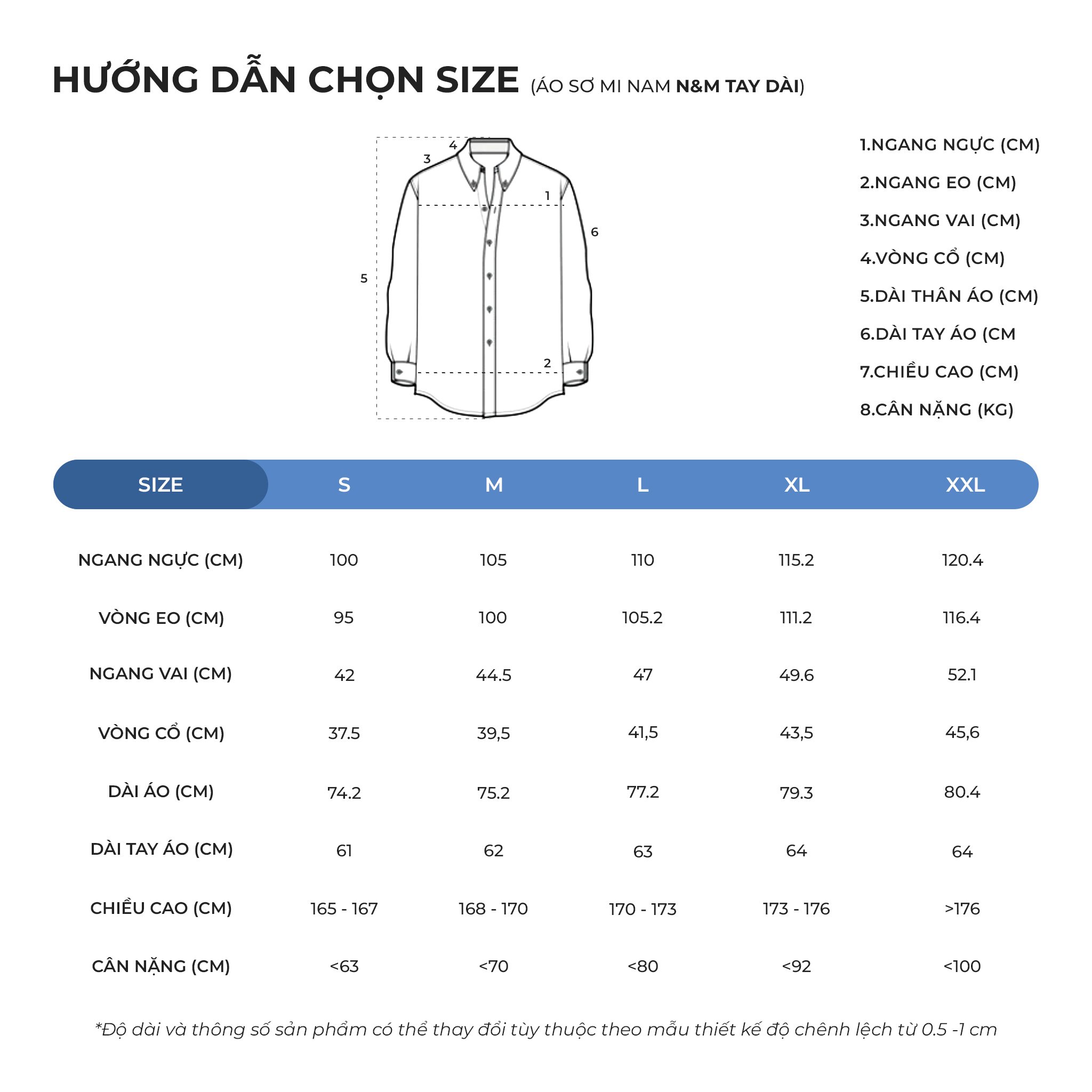 Hướng dẫn chọn size Áo sơ mi nam Tay dài N&M