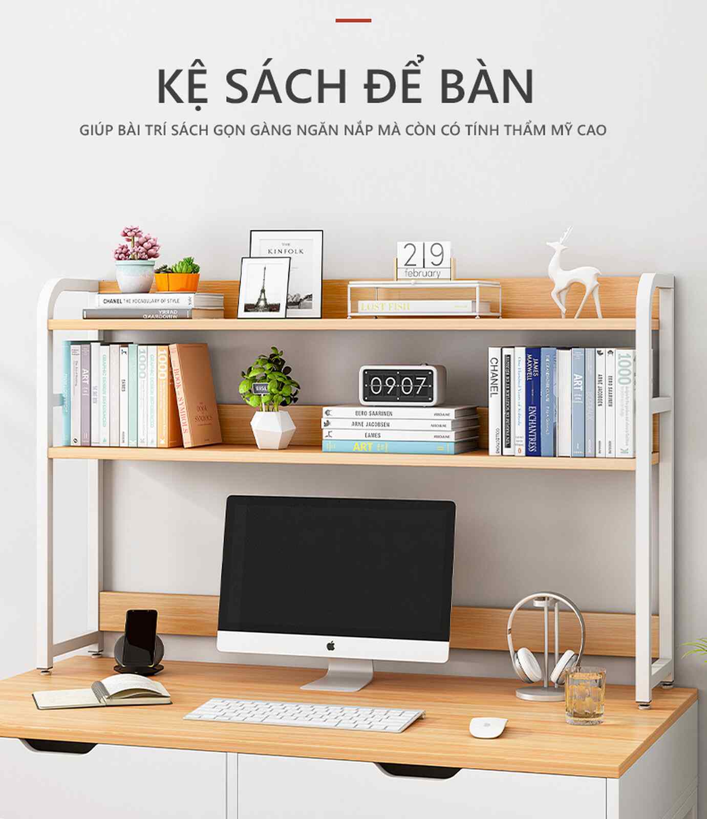 Kệ sách để bàn trắng vân gỗ
