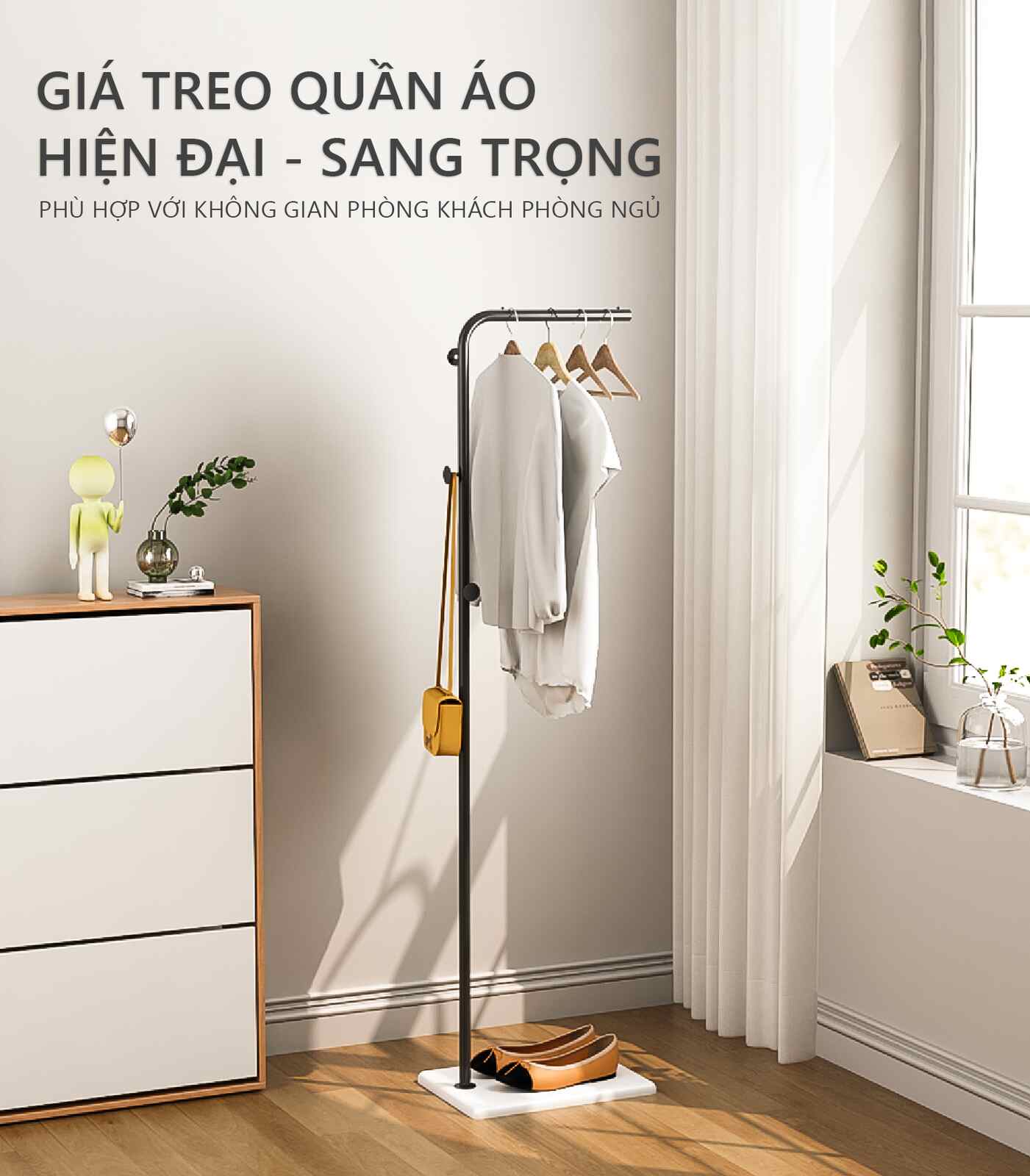 Cây treo quần áo uốn khung đen đế gỗ trắng hiện đại