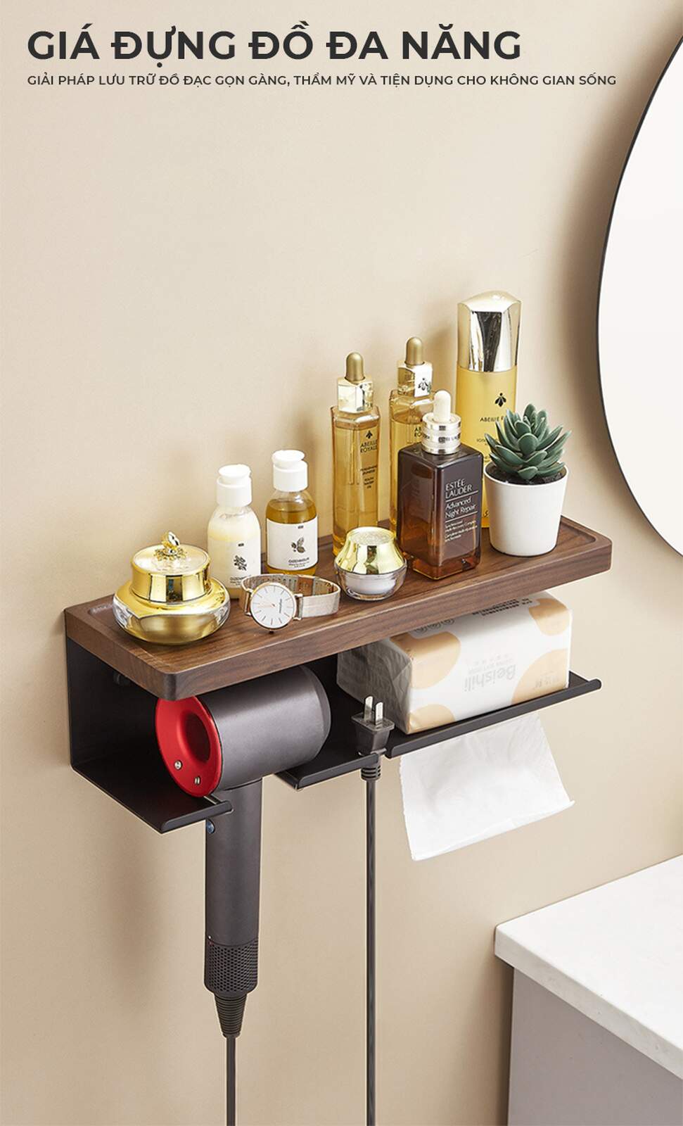 Kệ nhà tắm kim loại kết hợp gỗ vân sồi