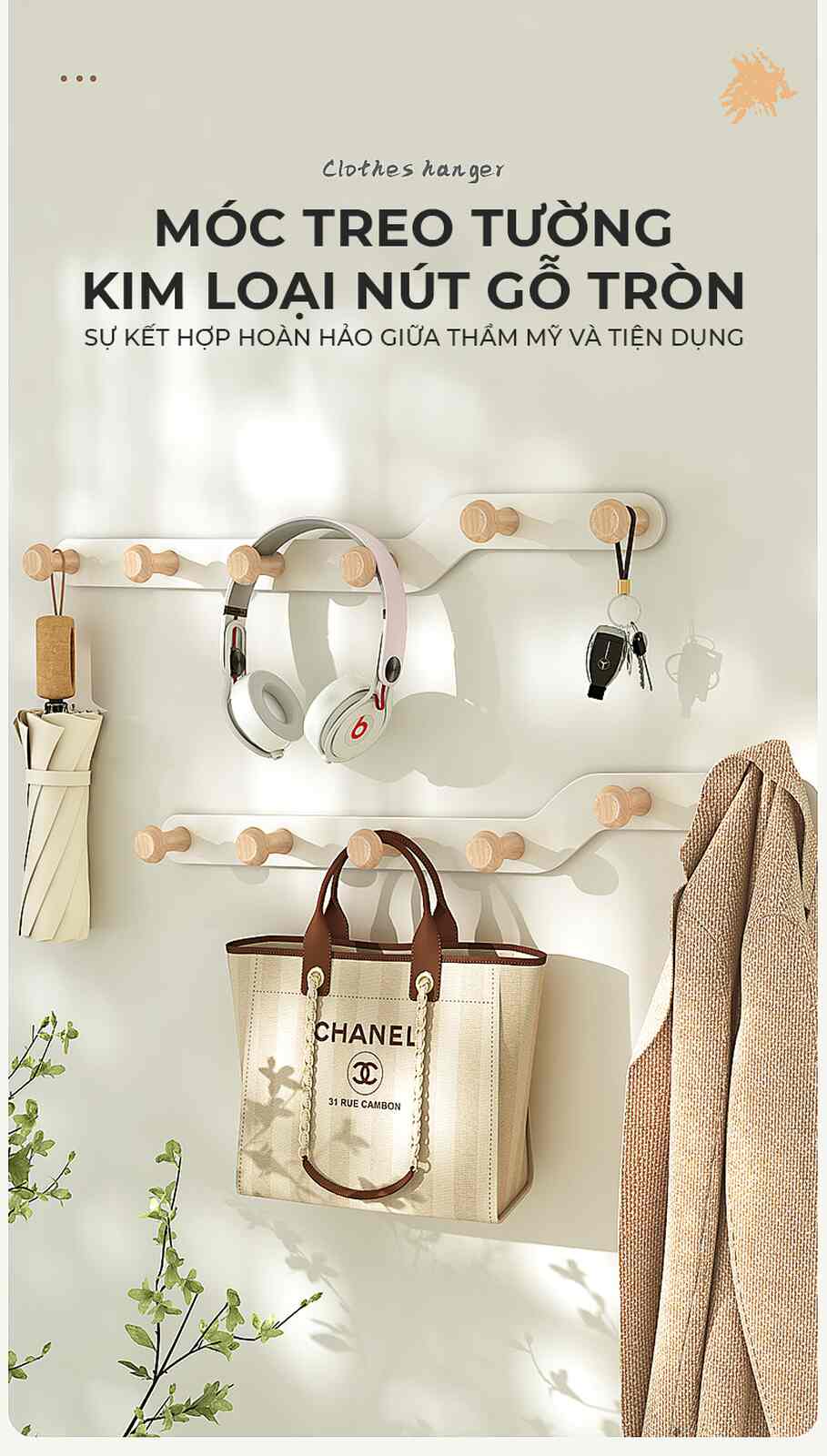 Móc treo quần áo tường nút gỗ tròn