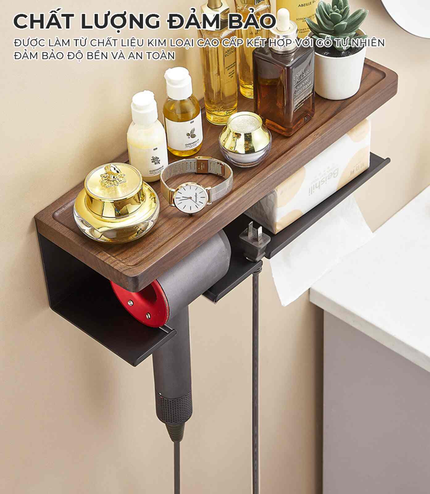 Kệ nhà tắm kim loại kết hợp gỗ vân sồi
