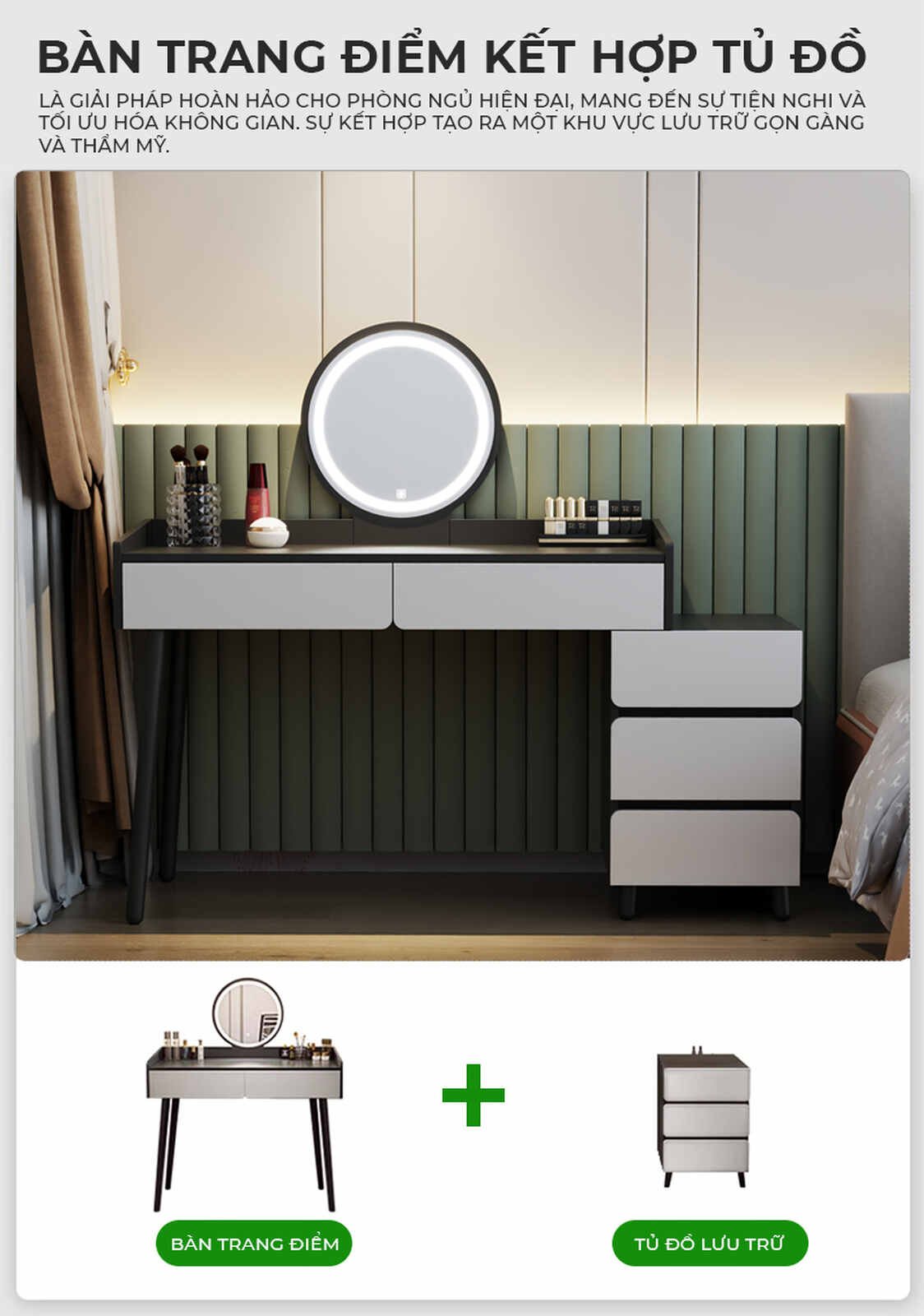 Bàn Trang Điểm Đen Trắng Hiện Đại Kết Hợp Tủ Lưu Trữ