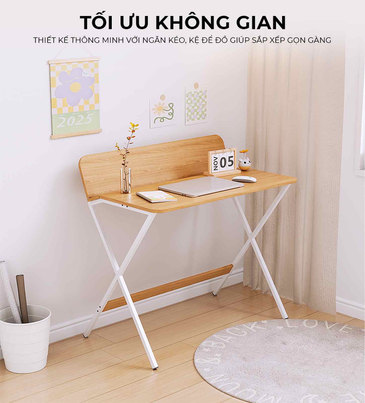 Bàn làm việc hiện đại khung trắng vân gỗ tinh tế