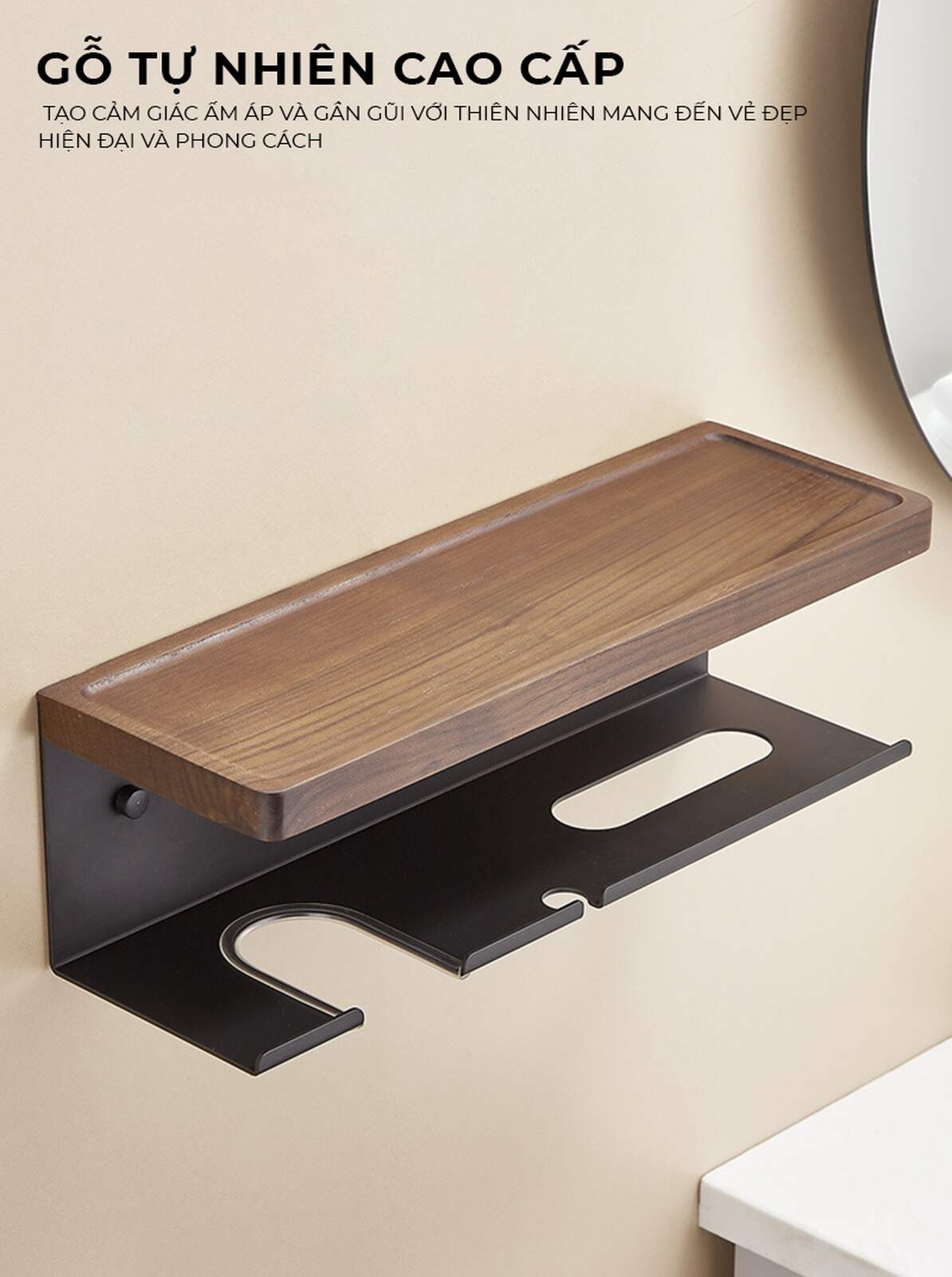 Kệ nhà tắm kim loại kết hợp gỗ vân sồi