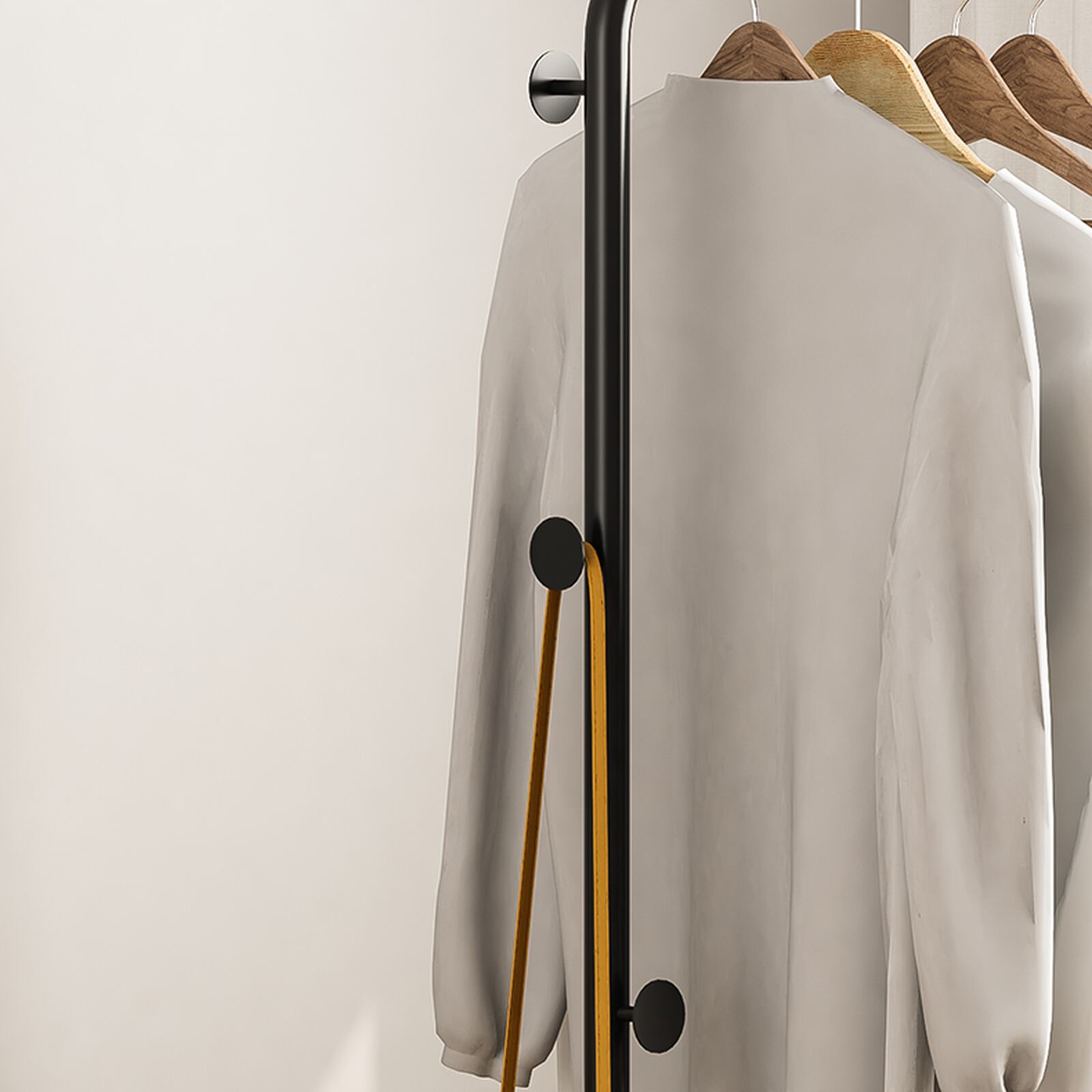 Cây treo quần áo uốn khung đen đế gỗ trắng hiện đại