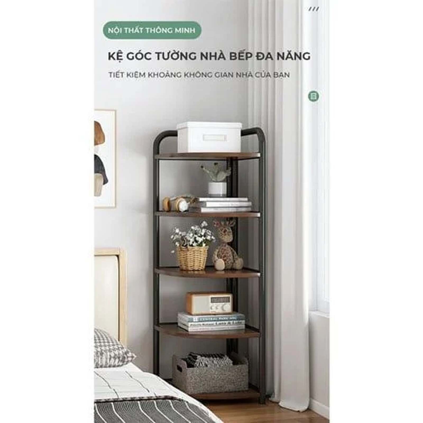 Kệ góc chữ V thép ống D16 (khung đen + gỗ óc chó) GM130