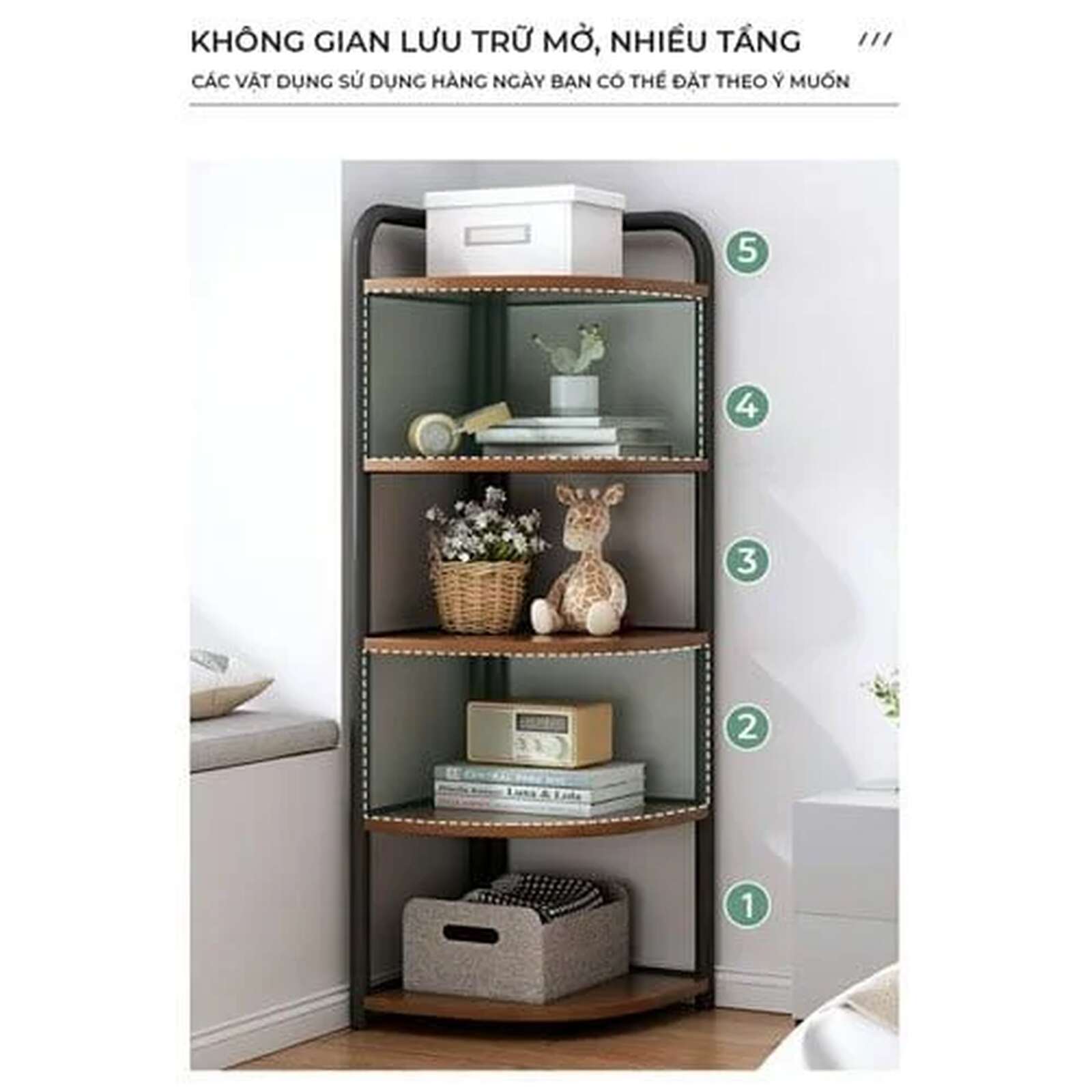 Kệ góc chữ V thép ống D16 (khung đen + gỗ óc chó) GM130