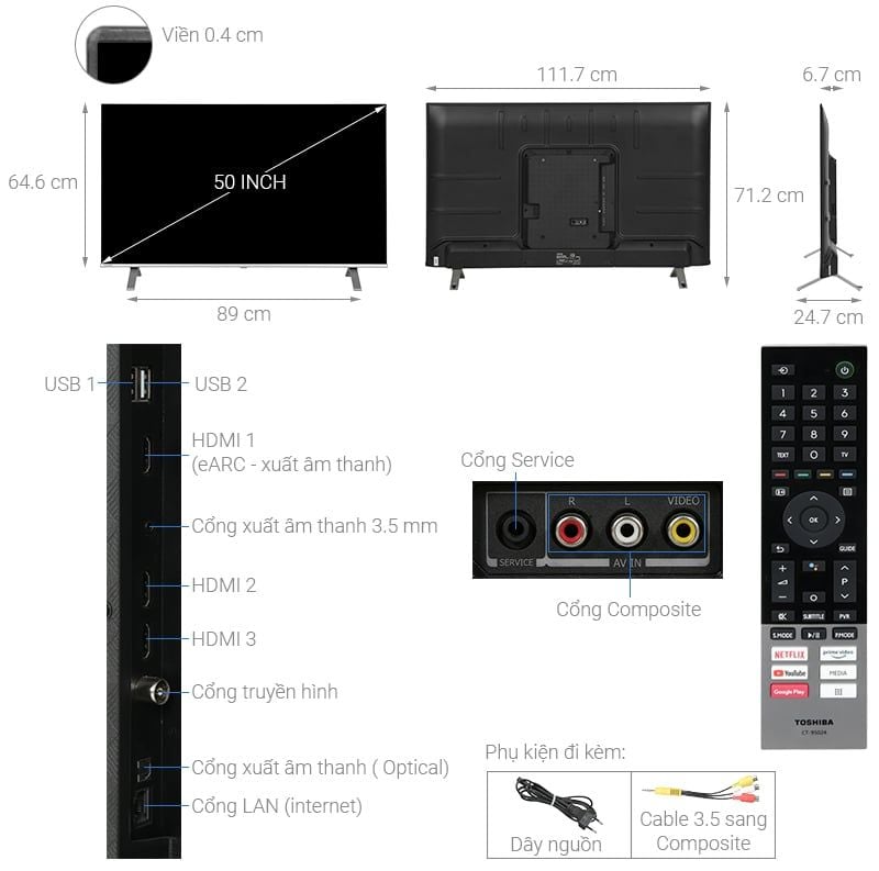 Kích Thước Google Tivi Toshiba 4K 50 inch 50C350LP