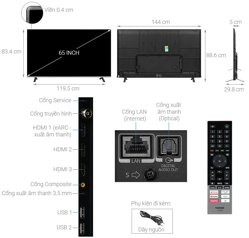 kích thước Google Tivi Toshiba 4K 65 inch 65C350LP