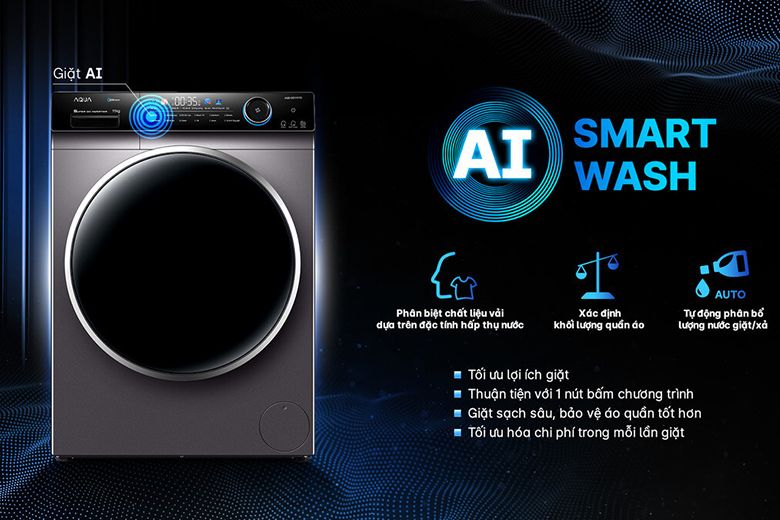 công nghệ AI máy giặt aqua 10kg đen nhăn