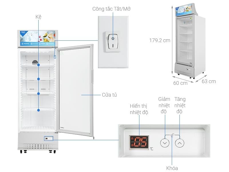 kích thước Tủ Mát Aqua AQS-AF 400S 300 Lít