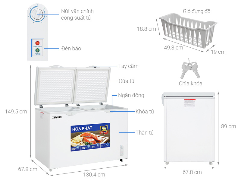 chi tiết kích thước tính năng tủ đông Hòa Phát 352 Lít HPF AD6352