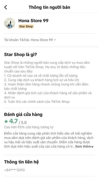 Ảnh chụp màn hình cửa hàng TikTok Shop vi phạm: Hona Store 99