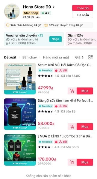 Ảnh chụp màn hình cửa hàng TikTok Shop vi phạm: Hona Store 99