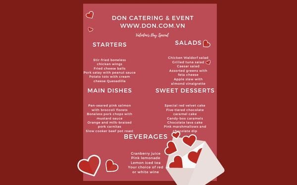 đặt tiệc don catering valentine menu