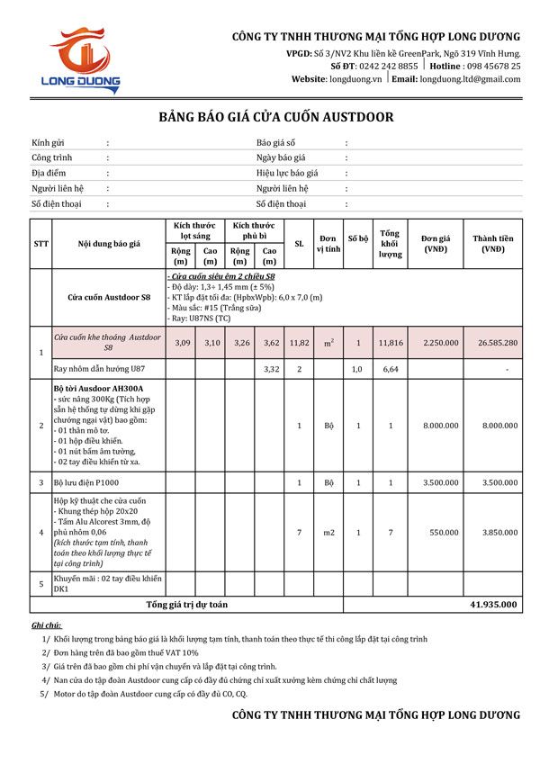 mẫu báo giá cửa cuốn Austdoor