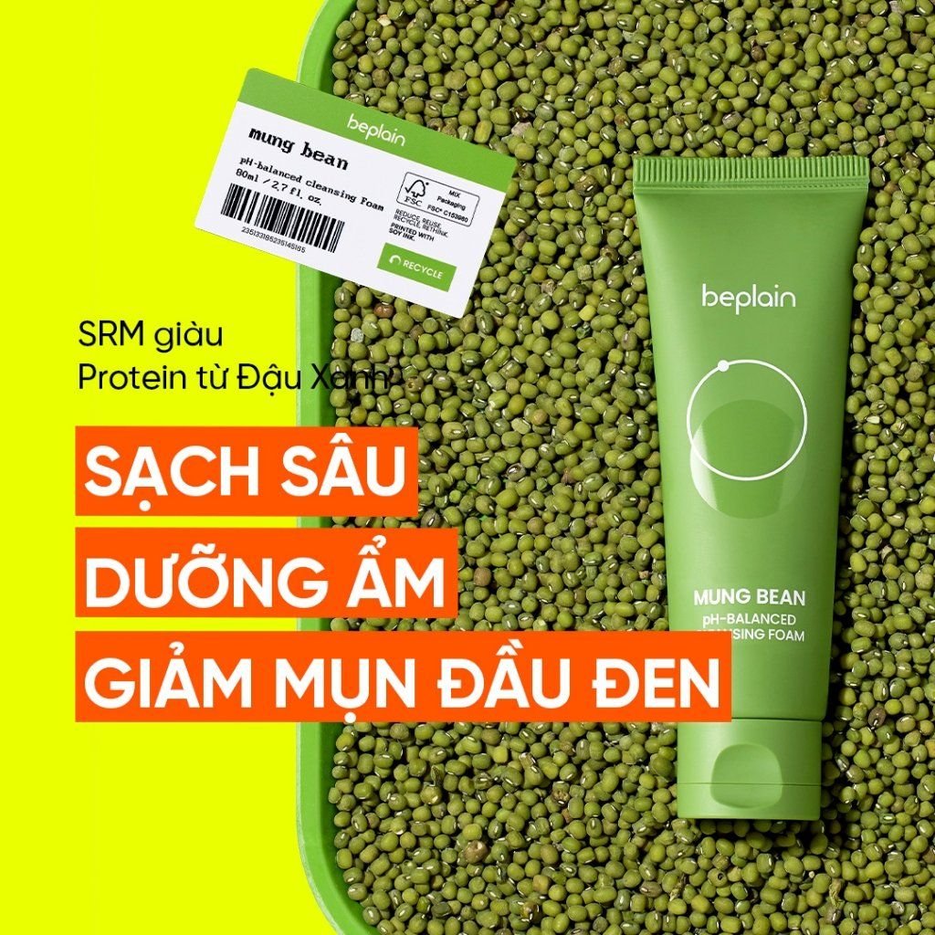 Beplain Sữa rửa mặt Mung Bean pH-Balanced Cleansing Foam 80ml