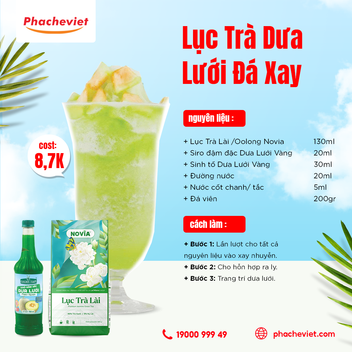 Công thức pha chế Lục Trà Dưa Lưới Đá Xay