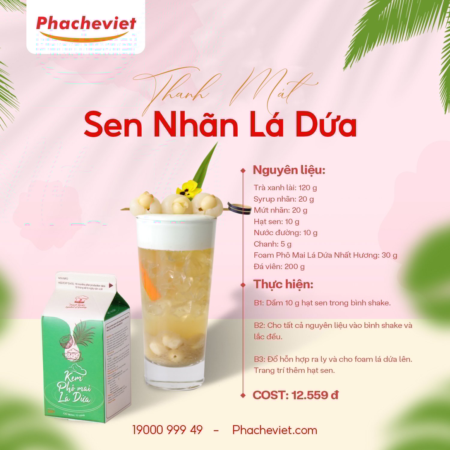 Công thức pha chế Sen Nhãn Lá Dứa tươi mát