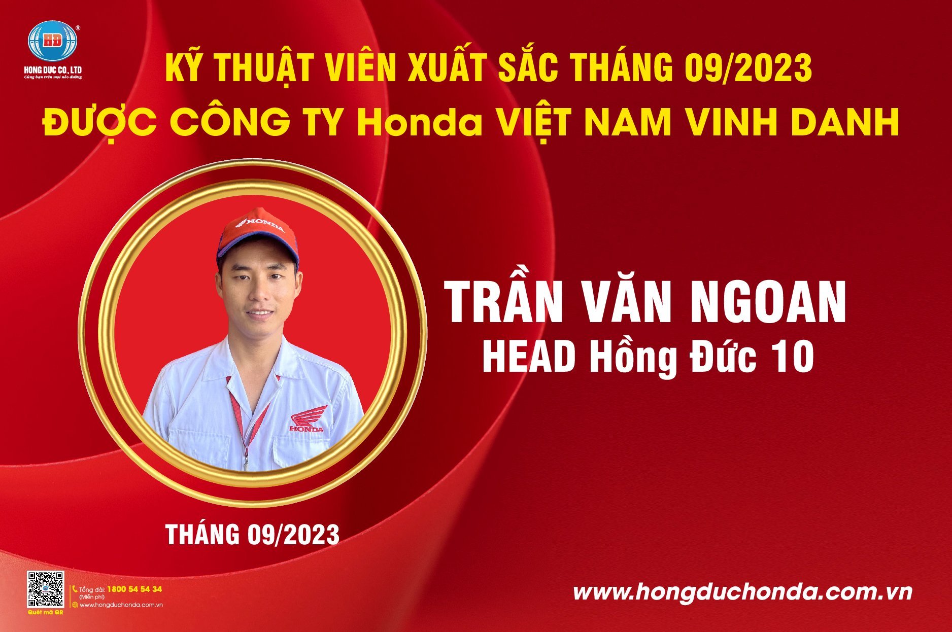 CHÚC MỪNG KỸ THUẬT VIÊN XUẤT SẮC CỦA HỒNG ĐỨC ĐƯỢC Honda VIỆT NAM VINH DANH THÁNG 9/2023