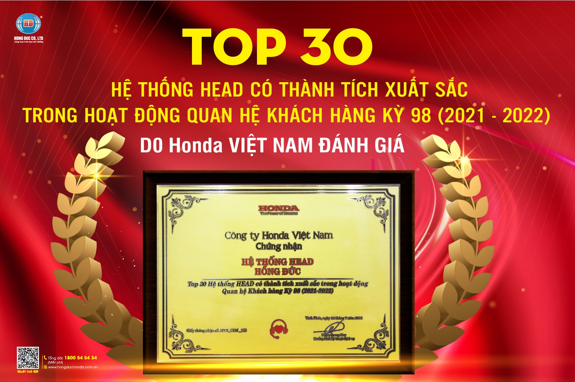 HỒNG ĐỨC TIẾP TỤC GIỮ VỮNG DANH HIỆU TOP 30 HEAD CÓ THÀNH TÍCH XUẤT SẮC TRONG HOẠT ĐỘNG QUAN HỆ KHÁCH HÀNG NĂM 2021-2022.