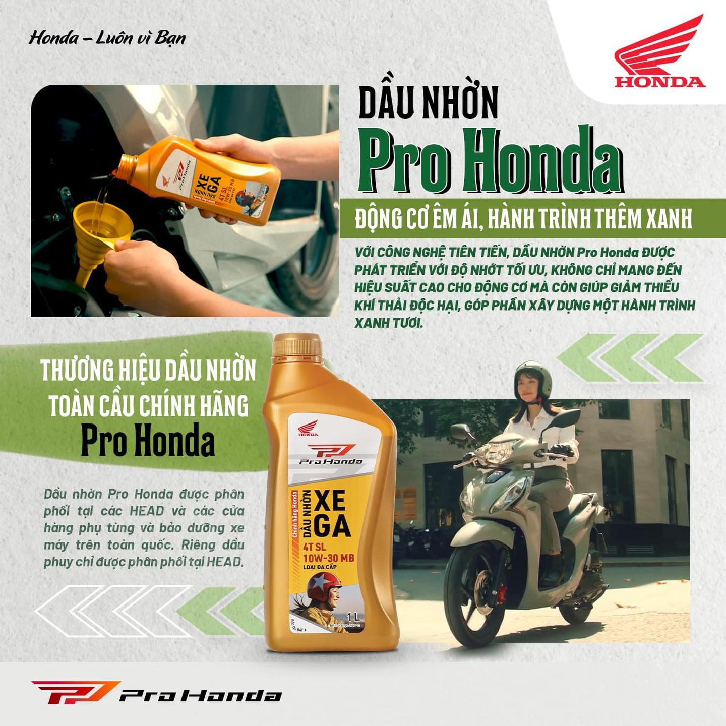 DẦU NHỜN Pro Honda ĐỘNG CƠ ÊM ÁI, HÀNH TRÌNH THÊM XANH