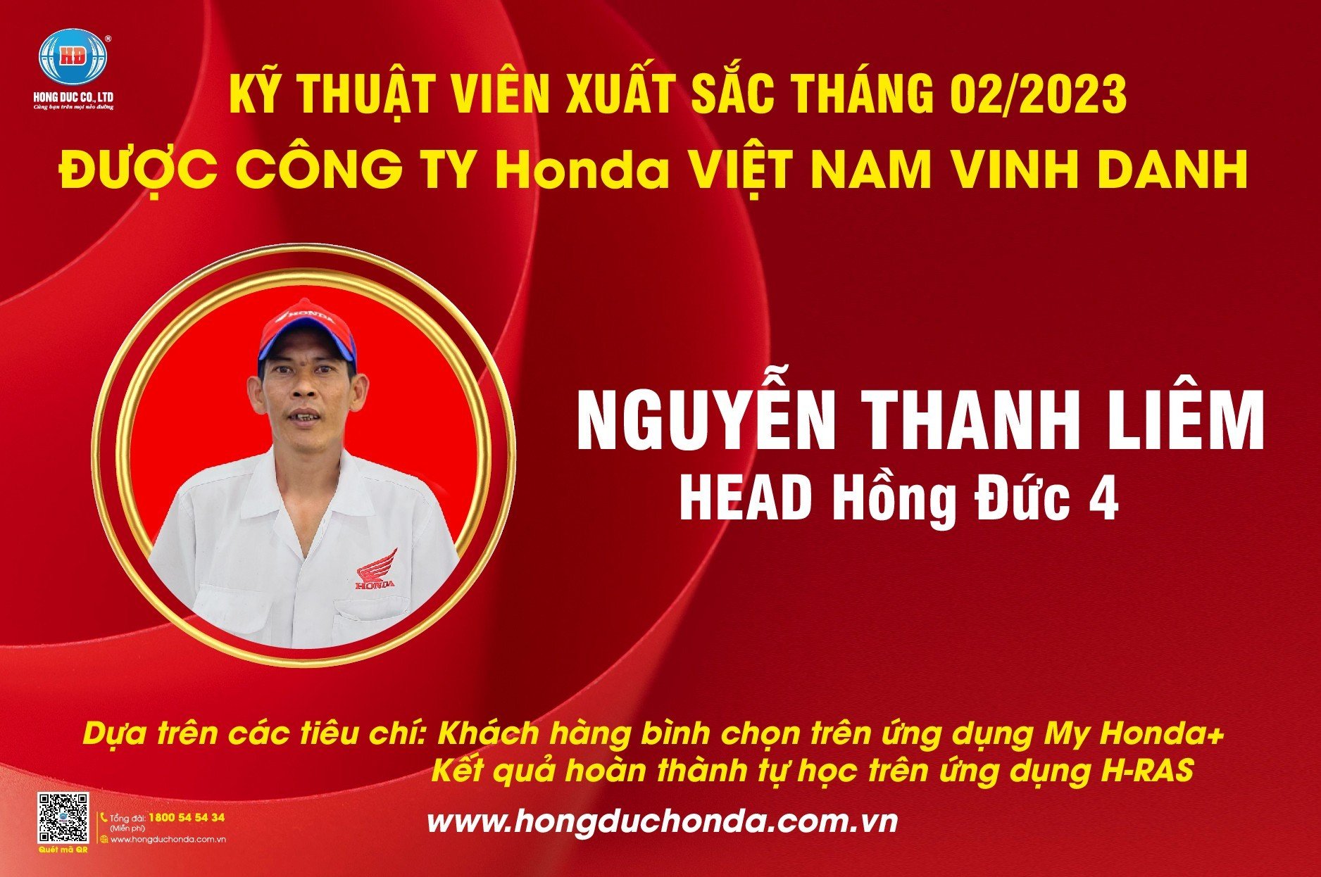 XIN CHÚC MỪNG KỸ THUẬT VIÊN XUẤT SẮC ĐƯỢC Honda VIỆT NAM VINH DANH TRONG THÁNG 2/2023