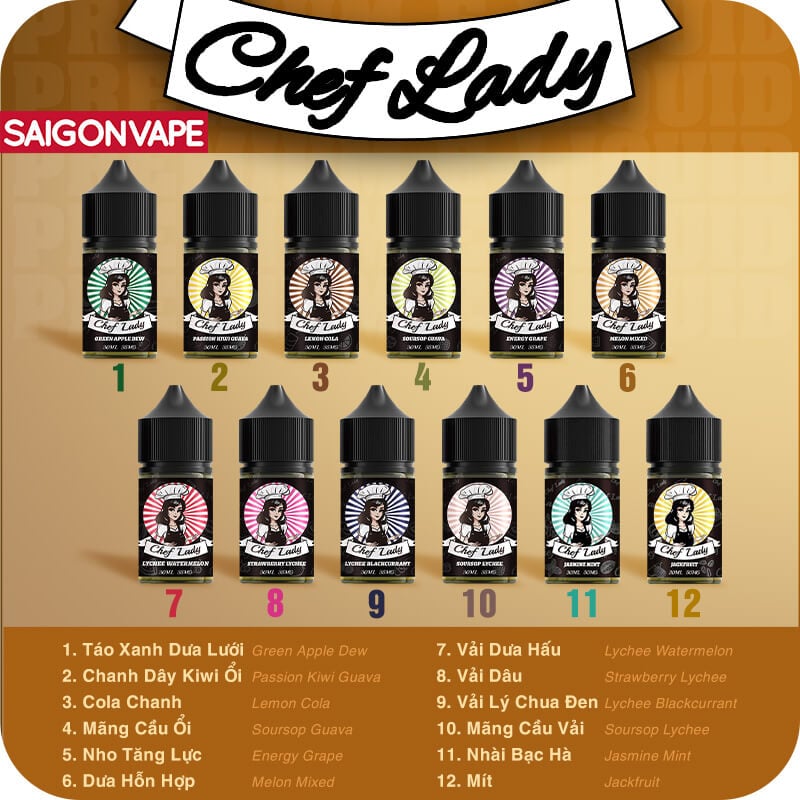 Menu Juice Salt Chef Lady tai Pod Shop Saigonvape