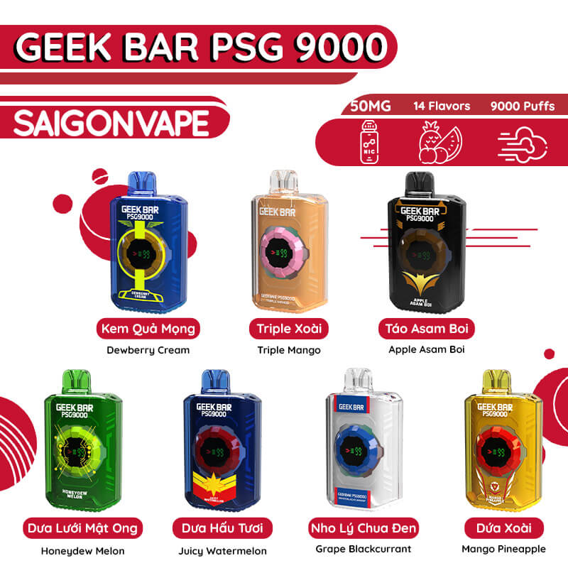 danh sach huong vi cua Disposable Pod Geek Bar PSG9000