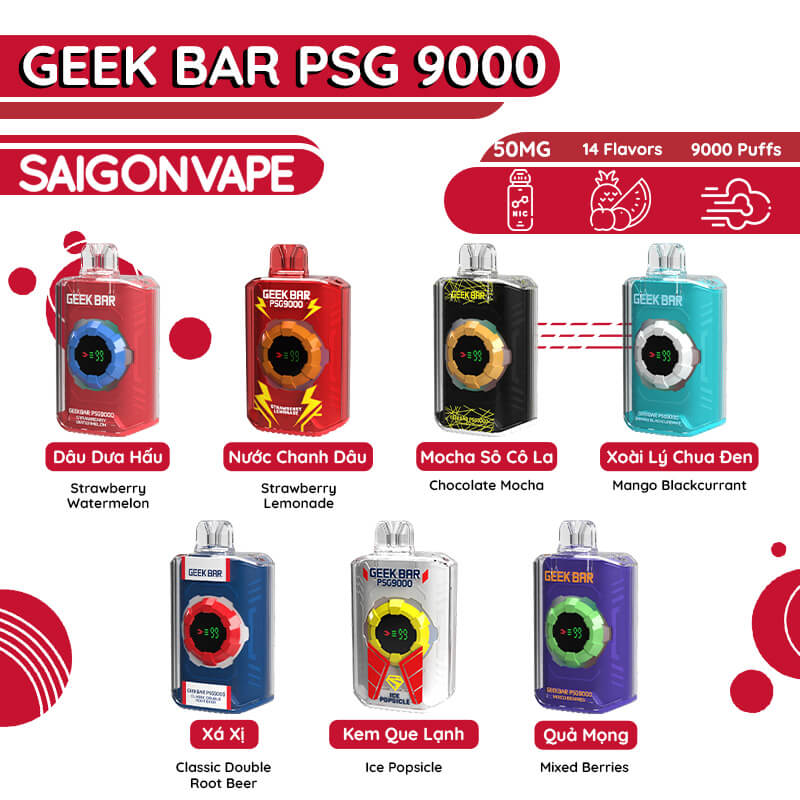 Menu cac huong vi cua Pod Geek Bar PSG9000 tai Sai Gon Vape