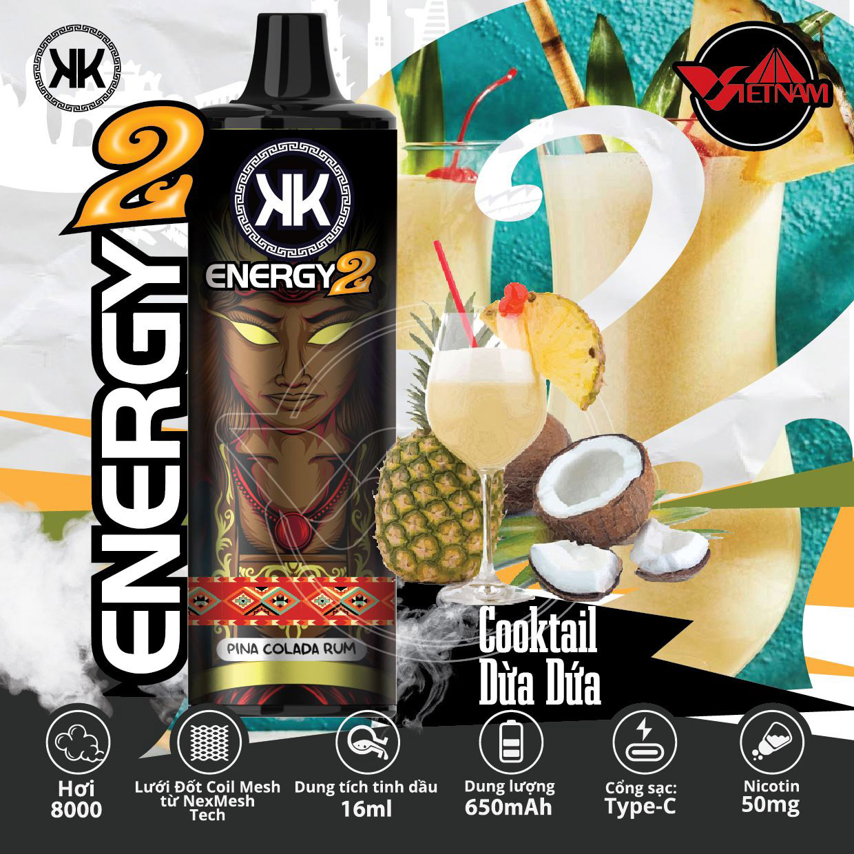 Vape Pod Dùng 1 Lần KK Energy 2 8000 Hơi Pina Colada Rum Chính Hãng