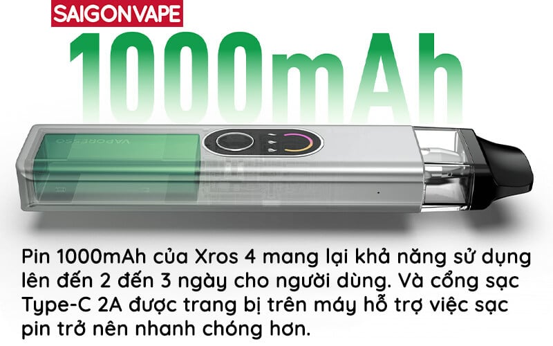 Pod System XROS 4 co dung luong pin 1000mAh