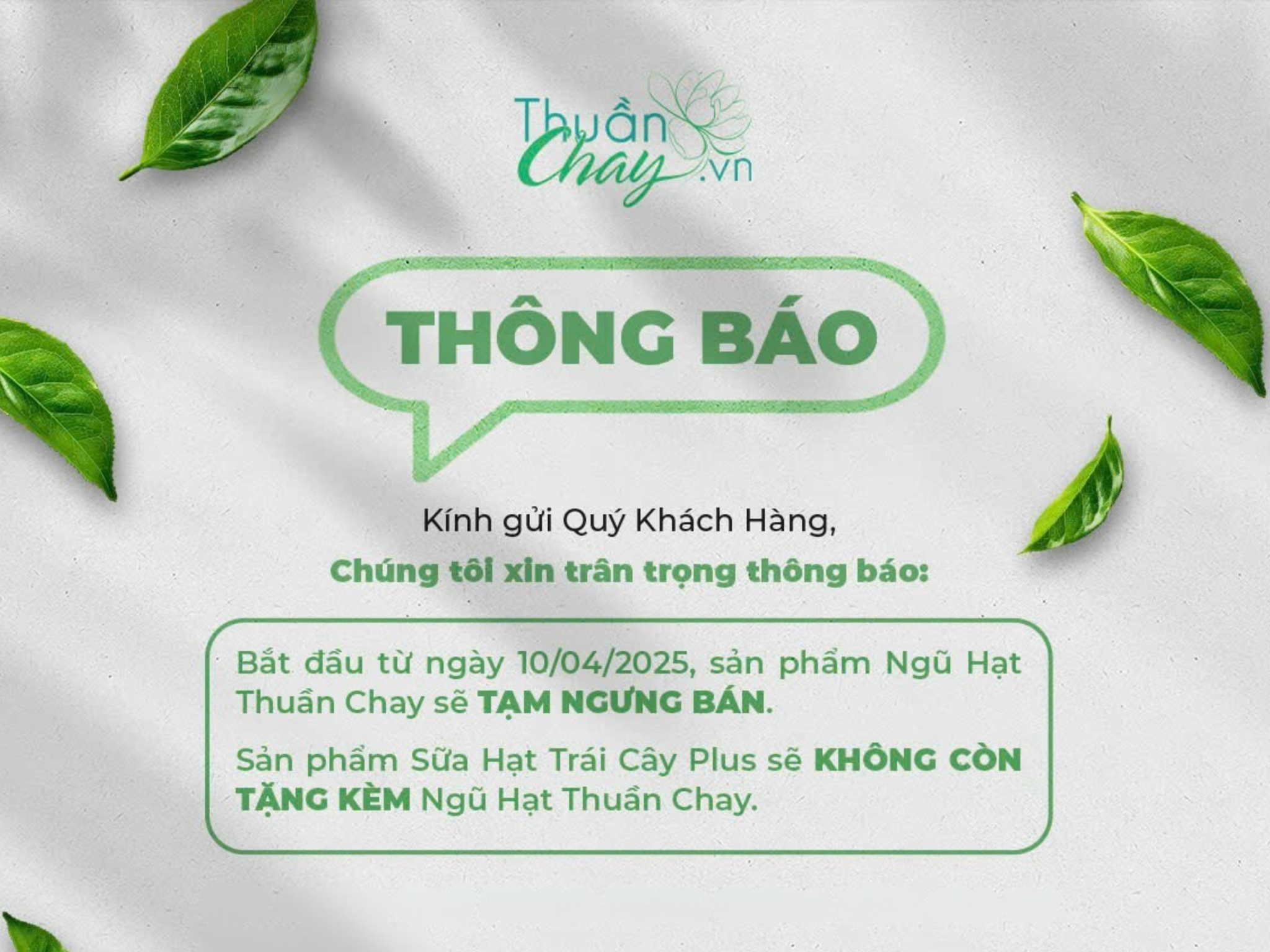 Thông Báo Tạm Ngưng Bán Sản Phẩm Ngũ Hạt Thuần Chay