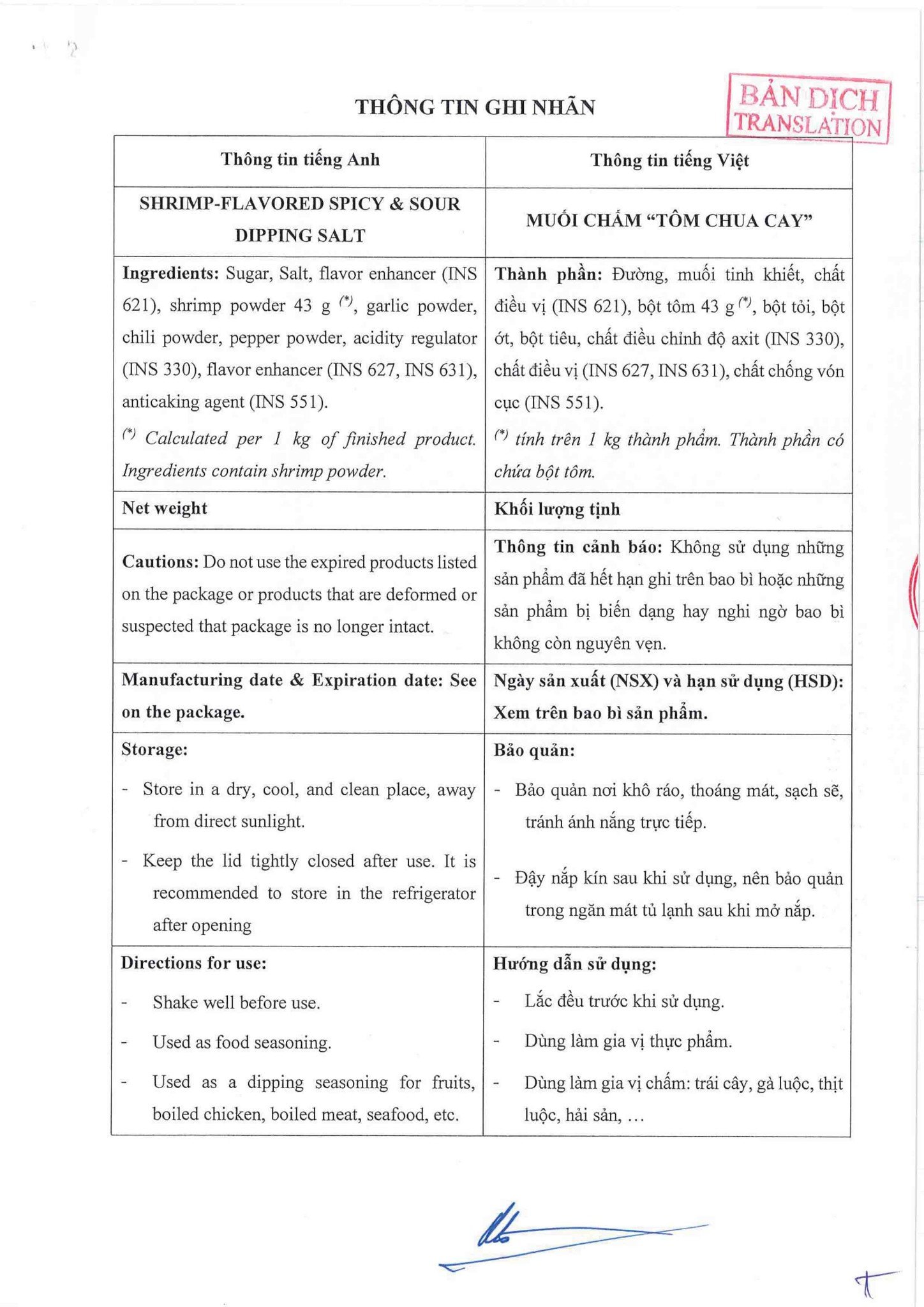 HS TCB muối chấm tôm chua cay