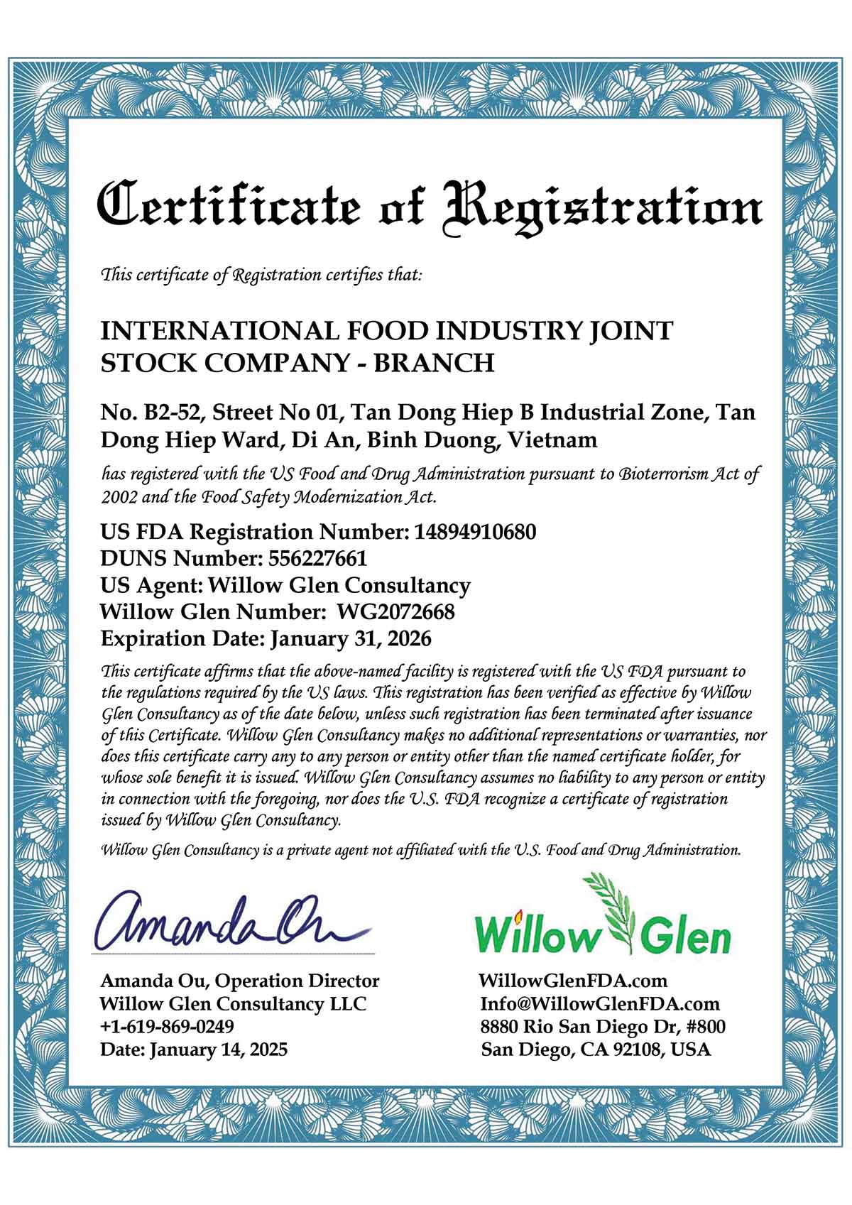 chứng nhận FDA 2025 Thực Phẩm Quốc Tế