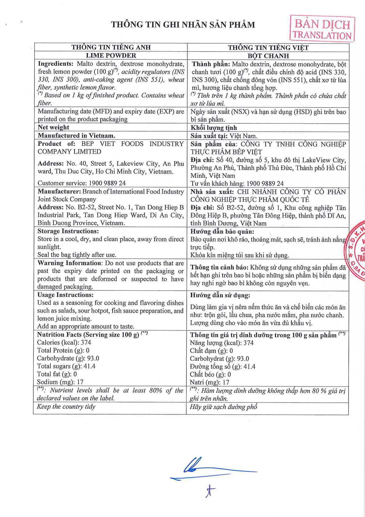 HS TCB Bột Chanh Ông Táo 400g