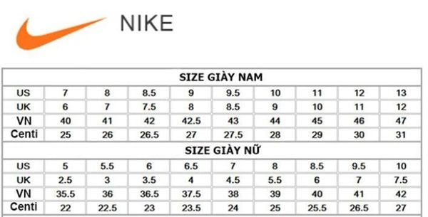 Bảng size giày hãng Nike