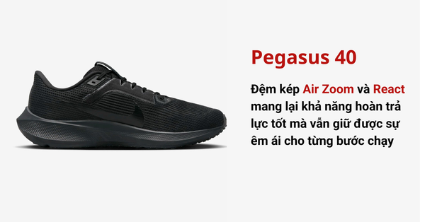 Nike Pegasus 40 kết hợp đế kép Air Zoom và React mang lại khả năng hoàn trả lực và êm ái