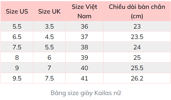 Bảng size giày Kailas nữ