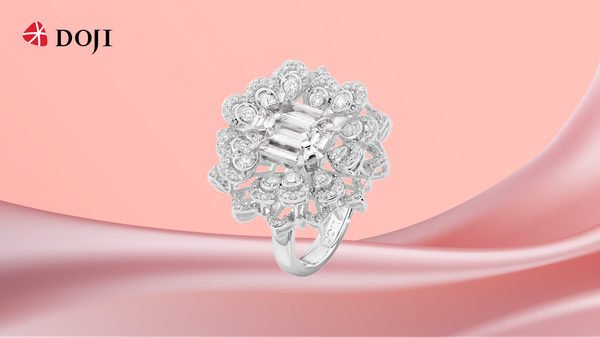 Nhẫn vàng trắng 18K gắn kim cương DOJI AFRR100106D2DA1 sở hữu vẻ đẹp quyền quý và sang trọng.