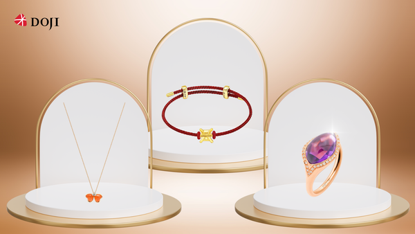 Dây liền mặt vàng hồng 18K gắn đá moonstone, nhẫn vàng hồng 18K gắn đá amethyst và vòng charm cung hoàng đạo Song Ngư vàng 24K DOJI