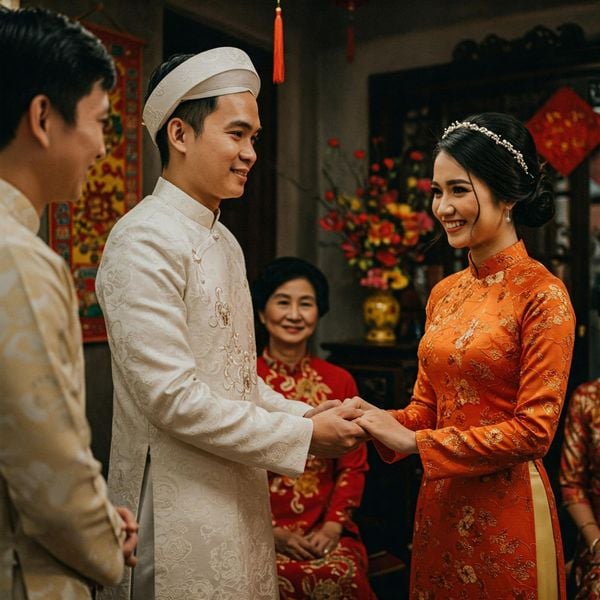 Cô dâu chú rể mặc áo dài truyền thống vào lễ dạm ngõ