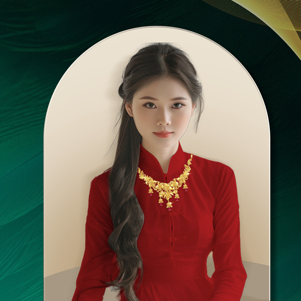 Với cô dâu có phần cổ hơi ngắn có thể linh hoạt chọn dây chuyền vàng có thiết kế chữ V sẽ tạo được vẻ đẹp thanh thoát, nhẹ nhàng