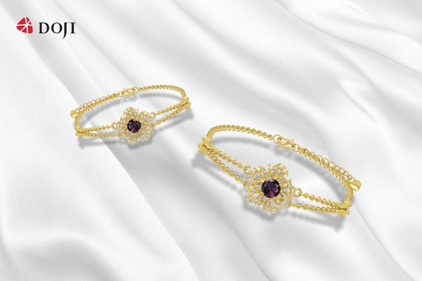 Lắc tay vàng 24K đính viên đá quý Amethyst biểu tượng của trí tuệ, sự sáng suốt và bình an