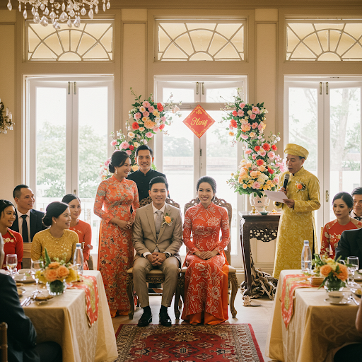 Nhà gái phát biểu sau khi nhà trai đưa lời xin dâu tại lễ vu quy