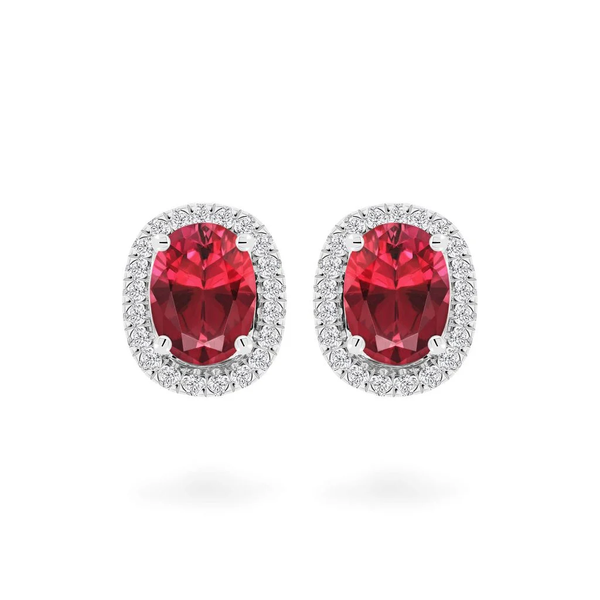 Hoa tai vàng trắng 14K đính ruby đỏ, thiết kế oval sang trọng